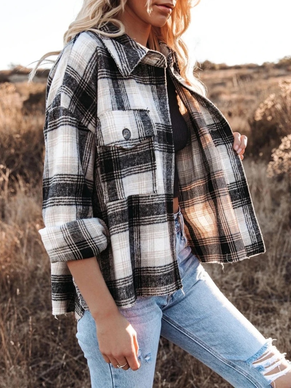 Vici Black & White Plaid Shacket Jacket